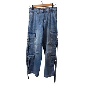 Blue Denim Cargo Pants Utility Wide Leg Multi Pocket Strap Light Wash Sz 7